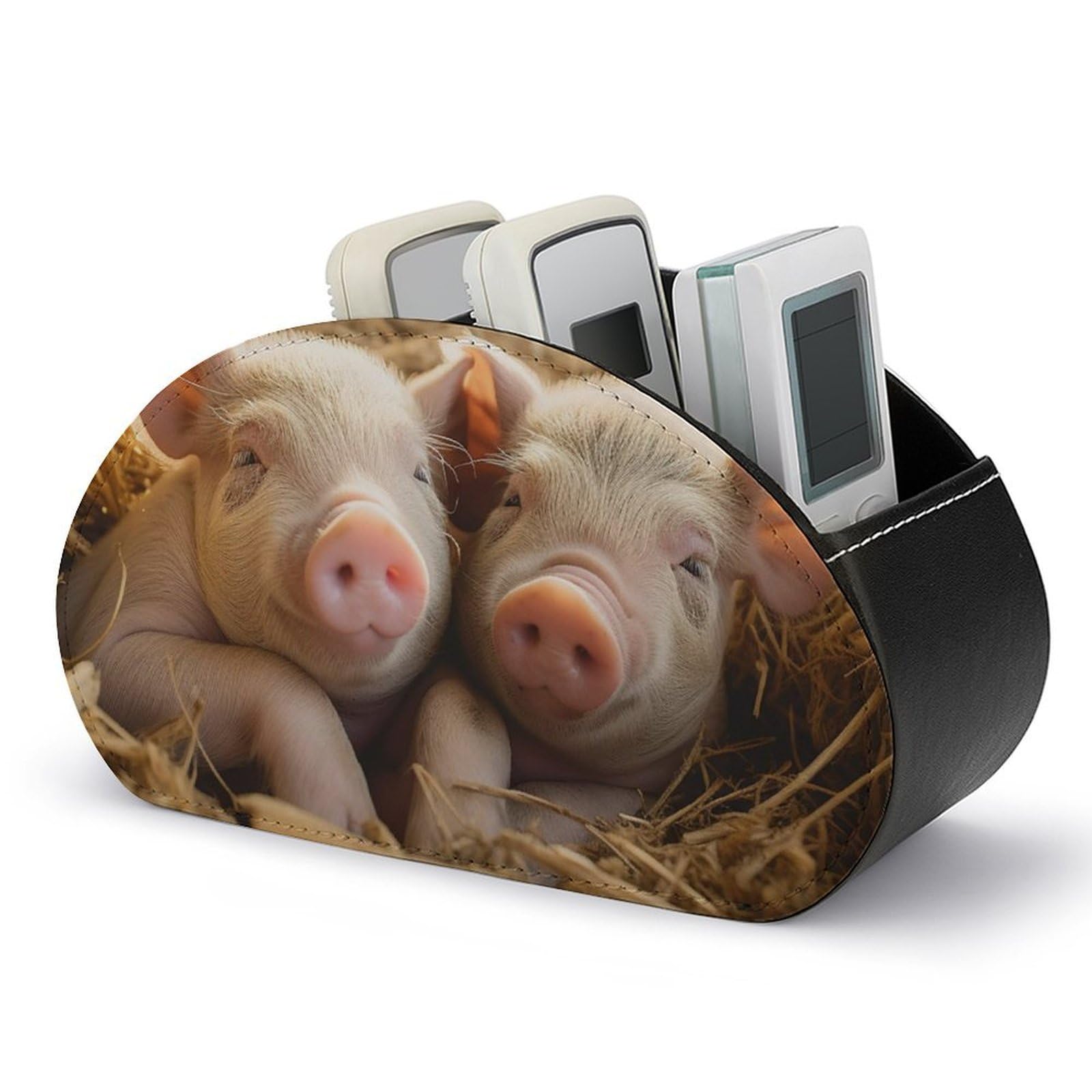 NTVOWPZO Pigs Remote Control Holder with 5 Compartment Organizer Box, Leather TV Remote Holder Organizer Caddy for Table, PU Leather Remote Box for Nightstand Office Desk Storage Box