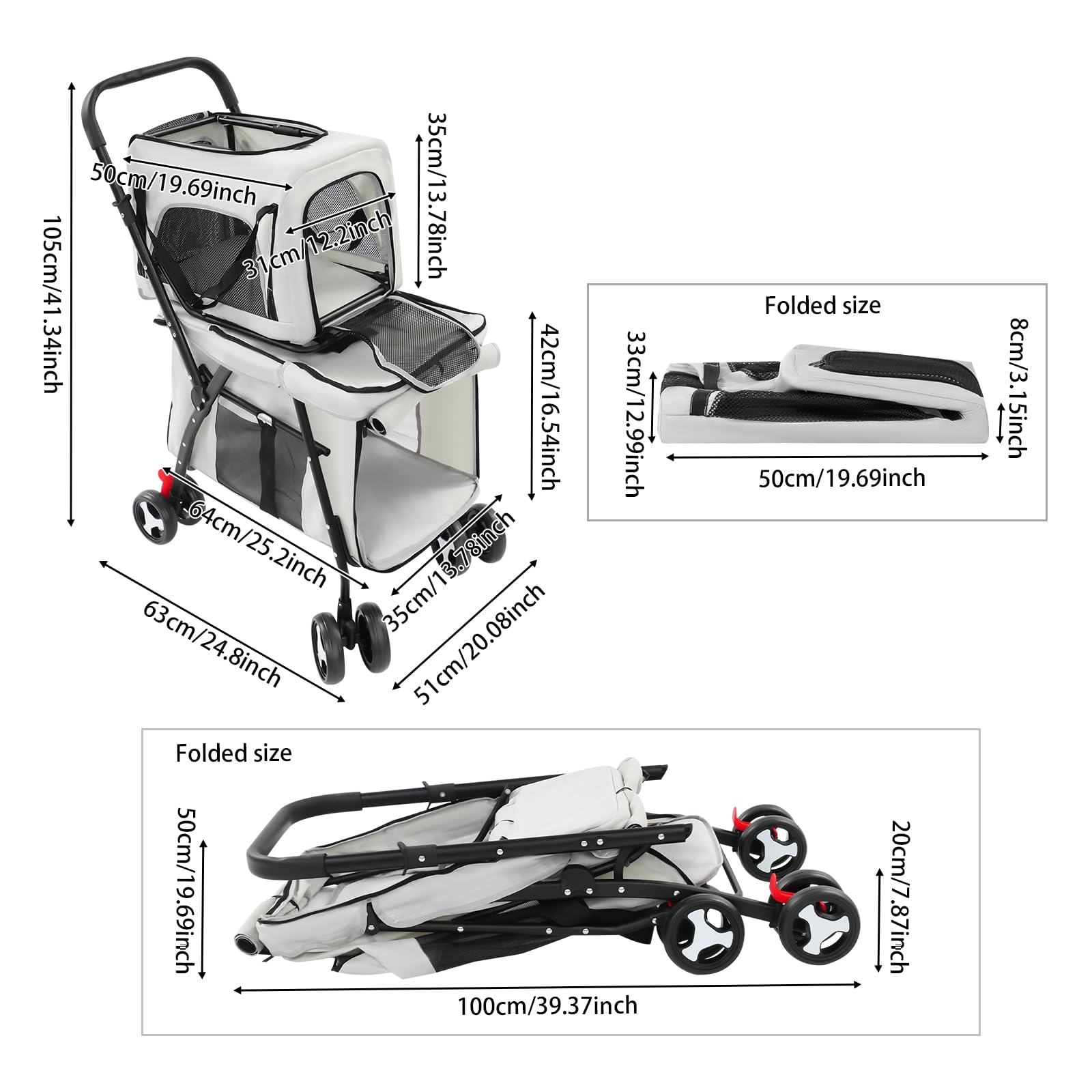 Passeggino doppio per cani, per animali domestici fino a 22 kg, pieghevole, a 2 piani, con finestre a rete e tasche, passeggino per gatti a 2 piani con 4 ruote resistenti all'usura, trasportino per