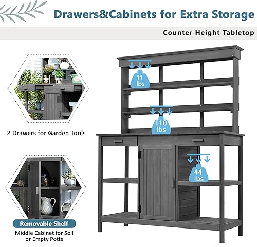 Miniatura 5 de Mesa Grande para Macetas de Exterior de 66" con 2 Cajones, Gabinete, Estantes Abiertos, Banco de Madera para Macetas para Jardín, Patio, Casa de