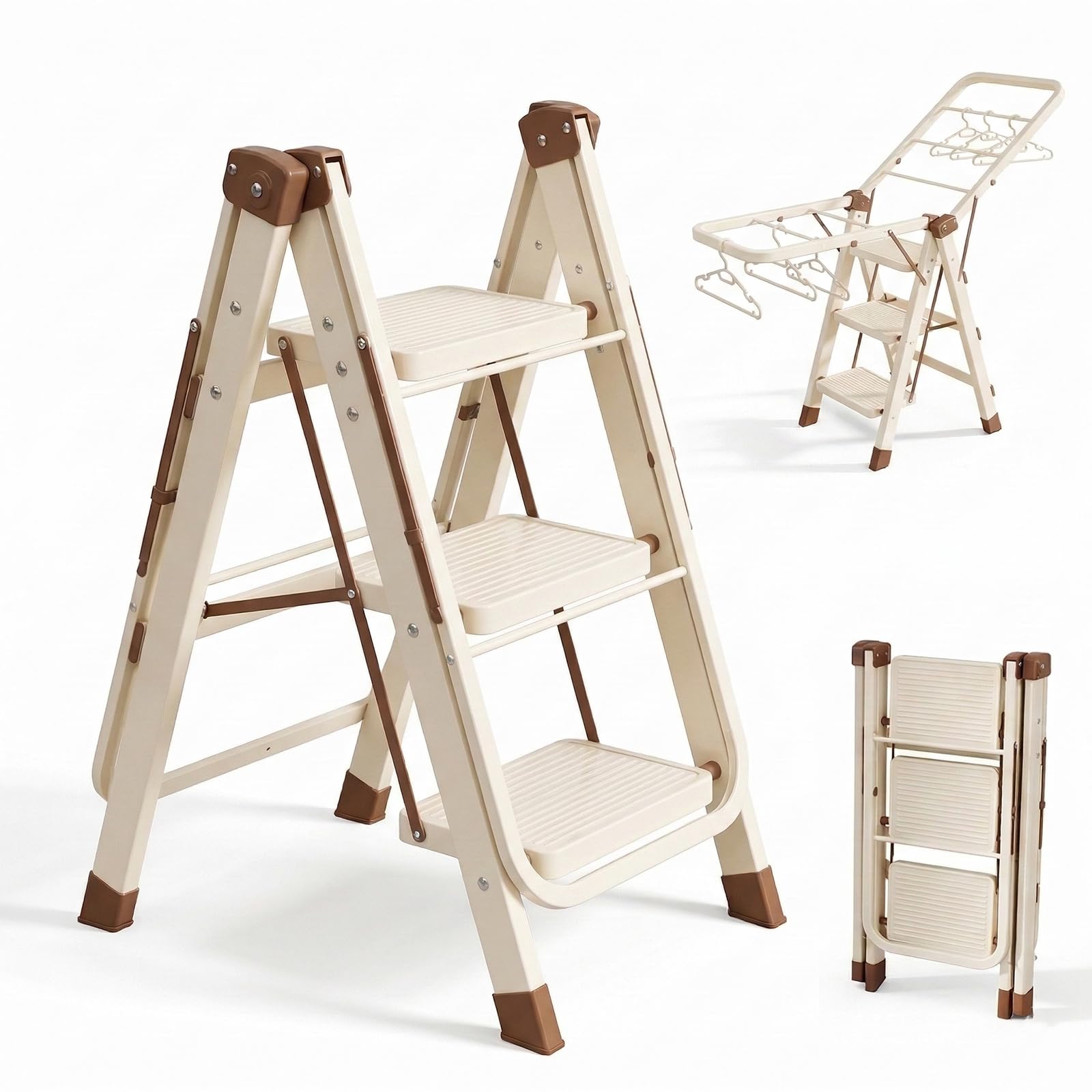 2-in-1 Folding 3 Step Ladder & Clothes Drying Rack – Heavy Duty Stepladder with Wide Non-Slip Treads – Ultra-Slim Indoor Laundry Airer & Kitchen Steps for Home Use