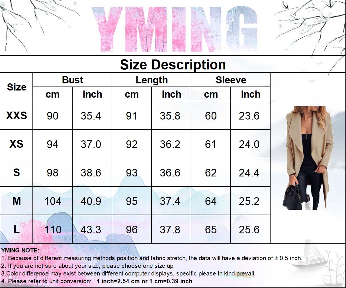 YMING Donna Cappotto Elegante Con Risvolto In Misto Lana Cappotto Con Cintura In Vita Avvolgere Lungo Trench Pea Jacket