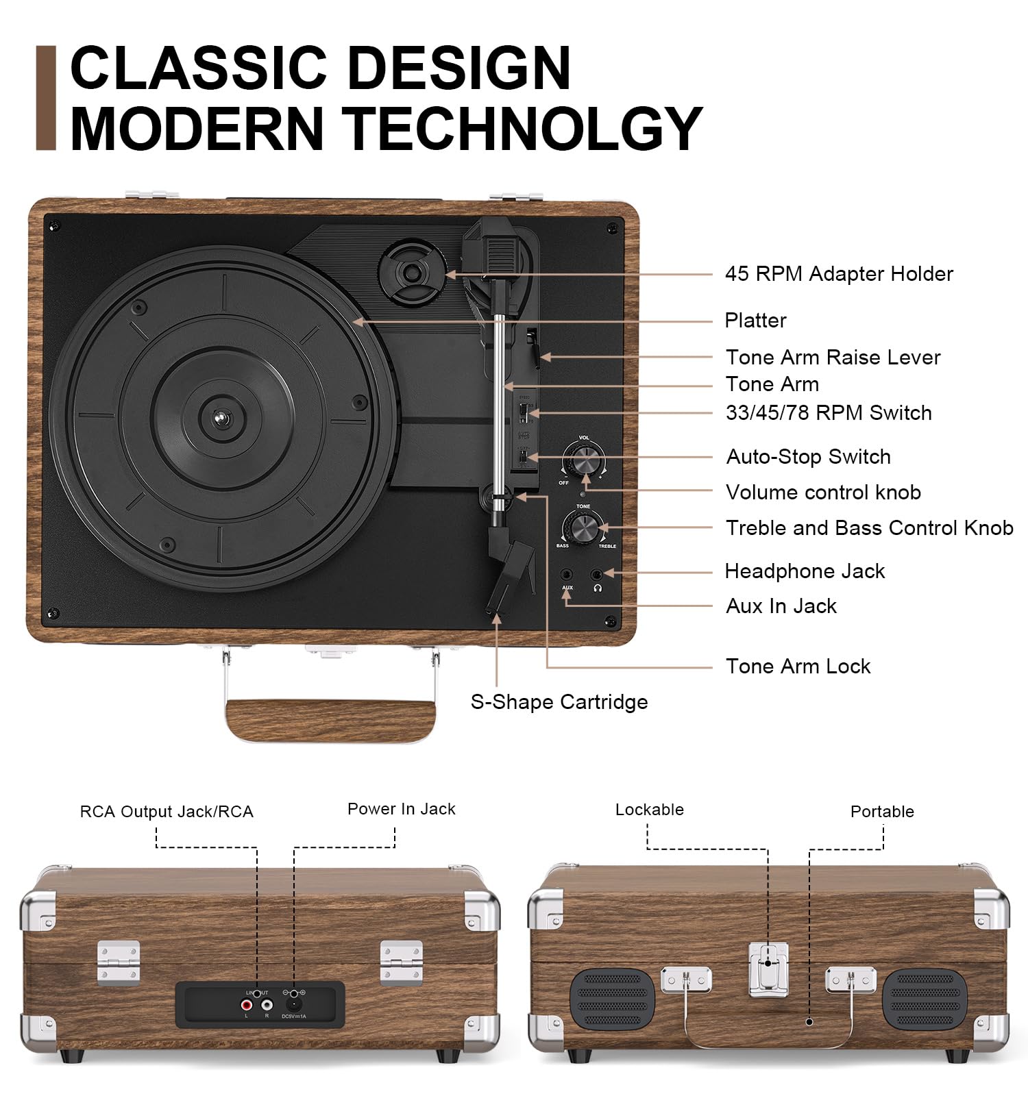 Tourne-disque Bluetooth vintage avec haut-parleurs intégrés, tourne-disque à 3 vitesses, arrêt automatique, entrée RCA et AUX-in, prise casque, lecteur LP rétro valise - Grain de bois