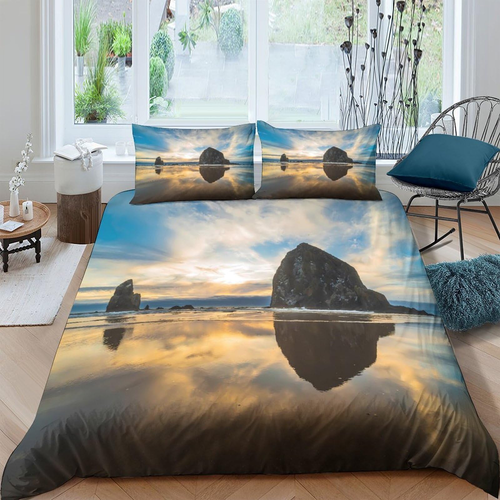 GPLZQXKJNH 3D Printed Ocean Sunset Duvet Cover Microfiber Soft Breathable Rock Landscape Bedding Set with 2 Pillowcases for Bedroom Decor Single（135x200cm）