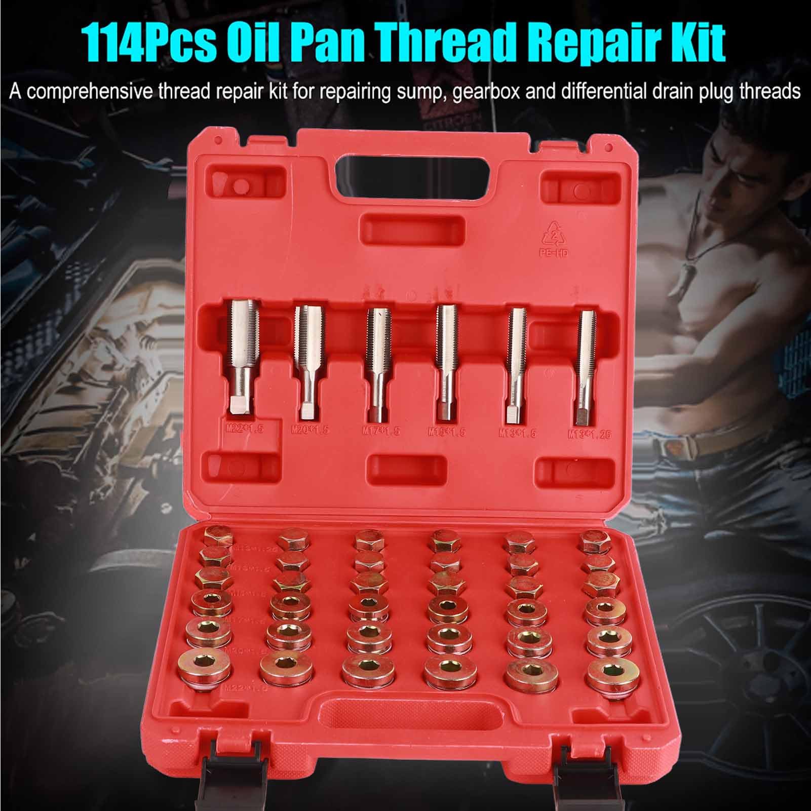 Kit di riparazione filettatura coppa olio da 114 pezzi adatto per Seat, set di strumenti per tappo di scarico coppa olio con dimensioni M13 M15 M17 M20 M22, utensili di