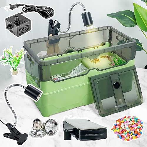 Miniatura 7 de Kit de tanque de tortuga con filtro+bomba de agua+lámpara de calor, ruedas, fácil de mover, imita los flujos naturales, adecuado para ermitaño