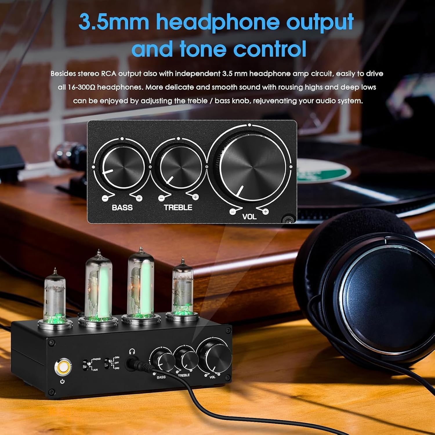 Phono Preamplificador de tubo de vacío con control de ganancia y perilla de volumen, reproductor de discos MM, RCA estéreo/3,5 mm para sistema de audio doméstico