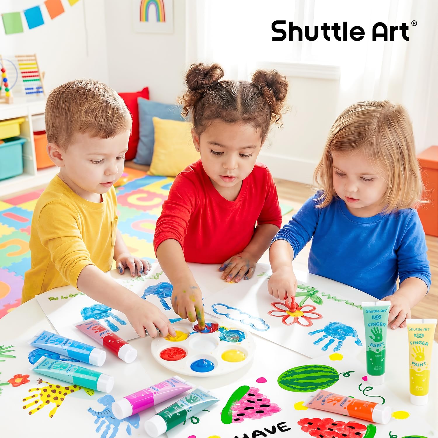 Shuttle Art 15 Colori a Dita per Bambini Atossici, Tempere Lavabili per Bambino 35ml, Tempere per Dipingere Colori Brillanti,Set Pittura Bambini per Arti e Mestieri