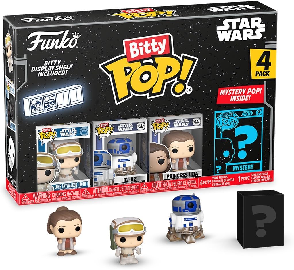 Funko Bitty Pop! Star Wars - Luke Skywalker (Hoth), R2-D2, Chewbacca, & A Surprise Mystery Figure - 0.9 Inch (2.2 Cm) Collectable - Stackable Display Shelf Included - Gift Idea - Cake Topper