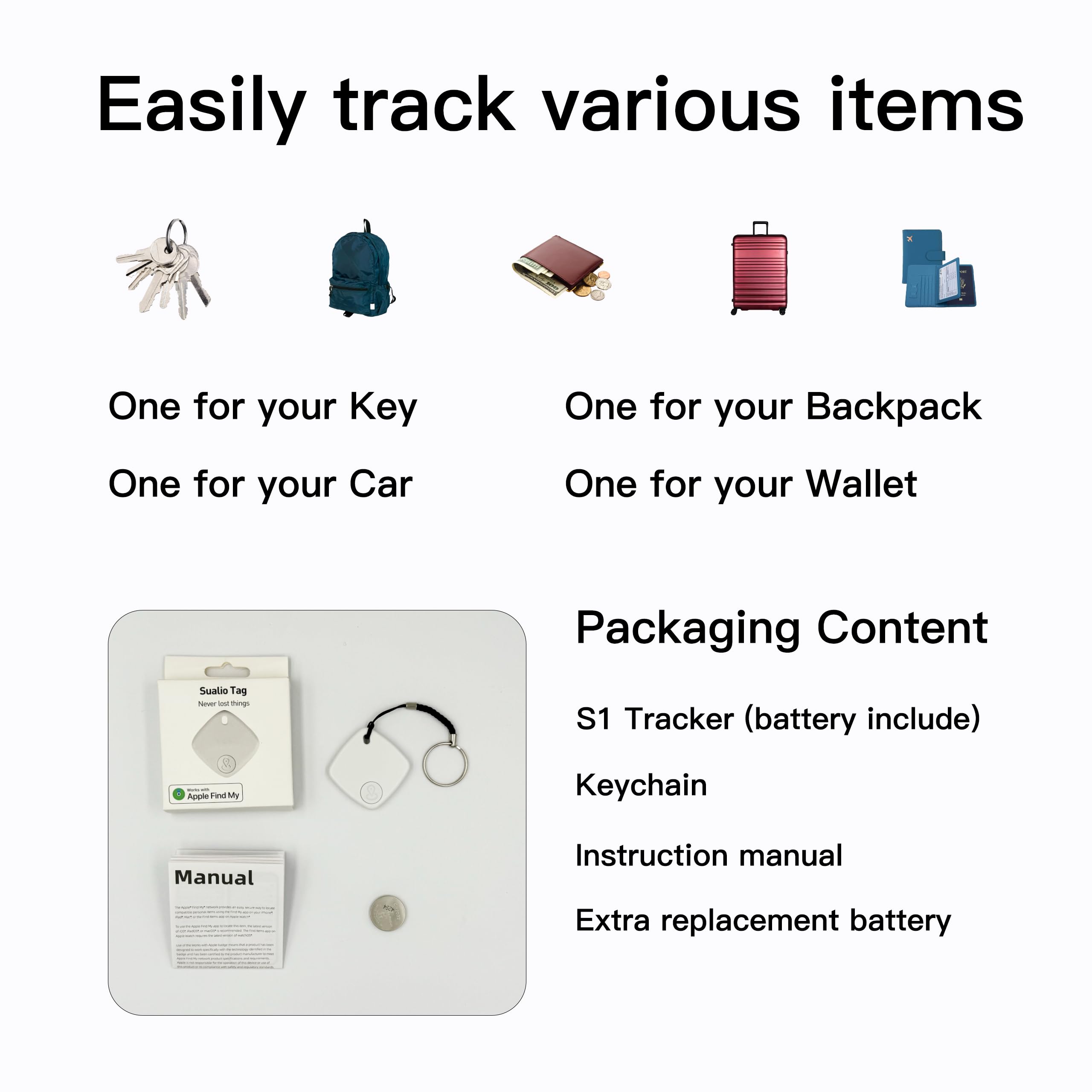 Novzix Finder Tracker S1, funziona con Apple Find My, Smart Tracker e Key Finder, batteria sostituibile, impermeabile, localizzatore di oggetti per chiavi, borse, portafogli, bagagli (Android non