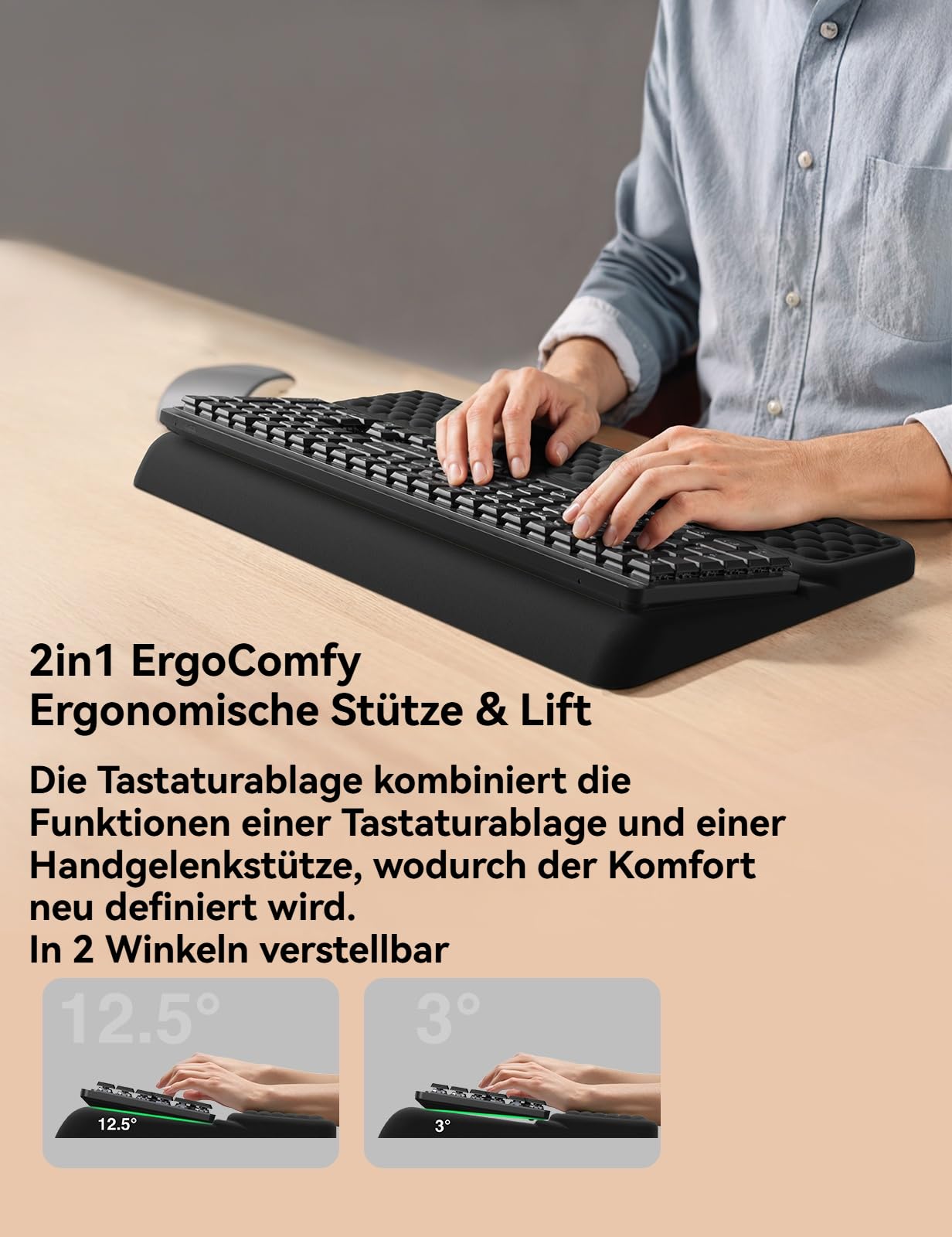 VAYDEER Handballenauflage mit Tastaturständer ｜430 * 237mm｜Ergonomische Tastaturablage mit weichem Memory-Schaum｜Tastaturhalter & Handgelenkauflage für Büro, Zuhause und Schule, Schwarz