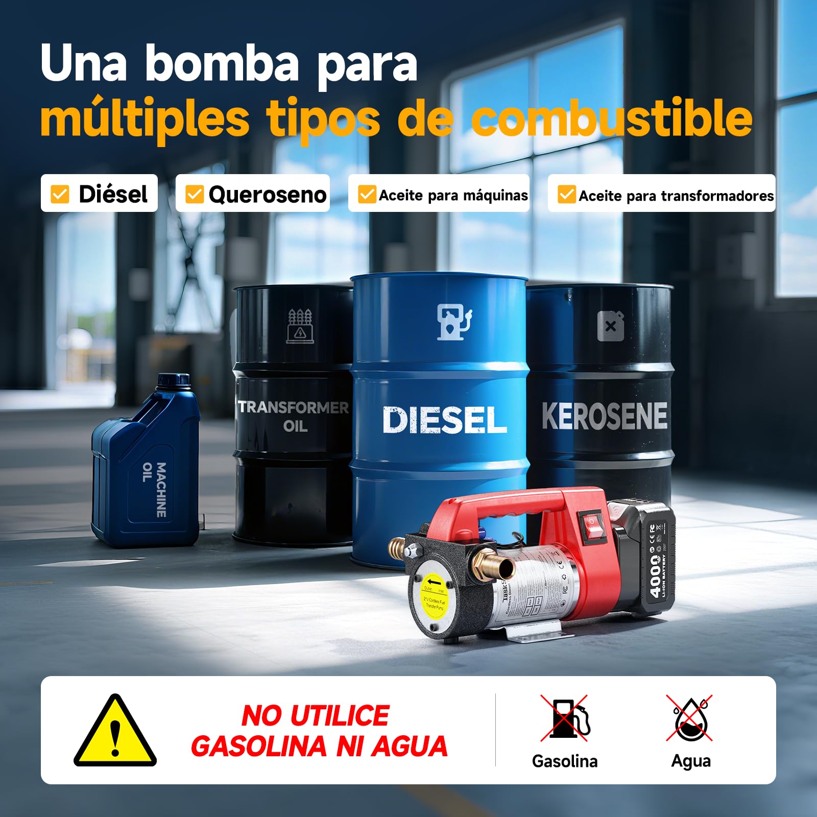 Bomba de Trasvase Diesel a Batería 21V: Caudal 45 L/min, bomba de combustible eléctricas para diésel y queroseno, con batería de 2 x 4,0 Ah, boquilla y 2 mangueras de 2 m - Para camiones y tractores
