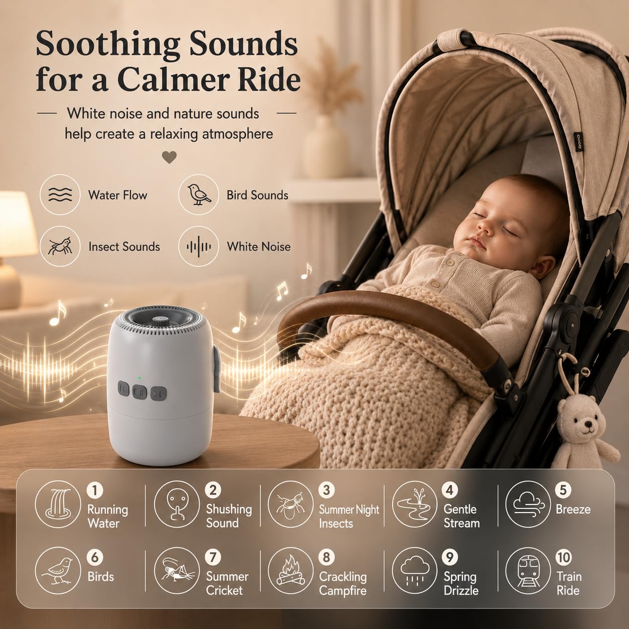 Baby Rocker Rechargeable, Bercement Poussette avec 5 Niveaux d’Oscillation et Bruit Blanc - Réglable, Ultra-Silencieux, USB-C, 2 Supports Universels pour Toutes les Poussettes (Blanc)