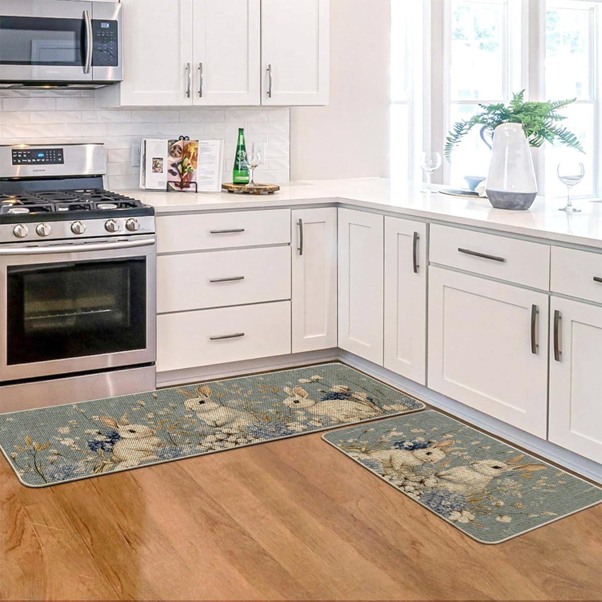 Artoid Mode Rabbit Flowers Bunny Easter Kitchen Mats Set of 2, Spring Home Decor Low-Profile Kitchen Rugs for Floor - 17x29 and 17x47 Inch