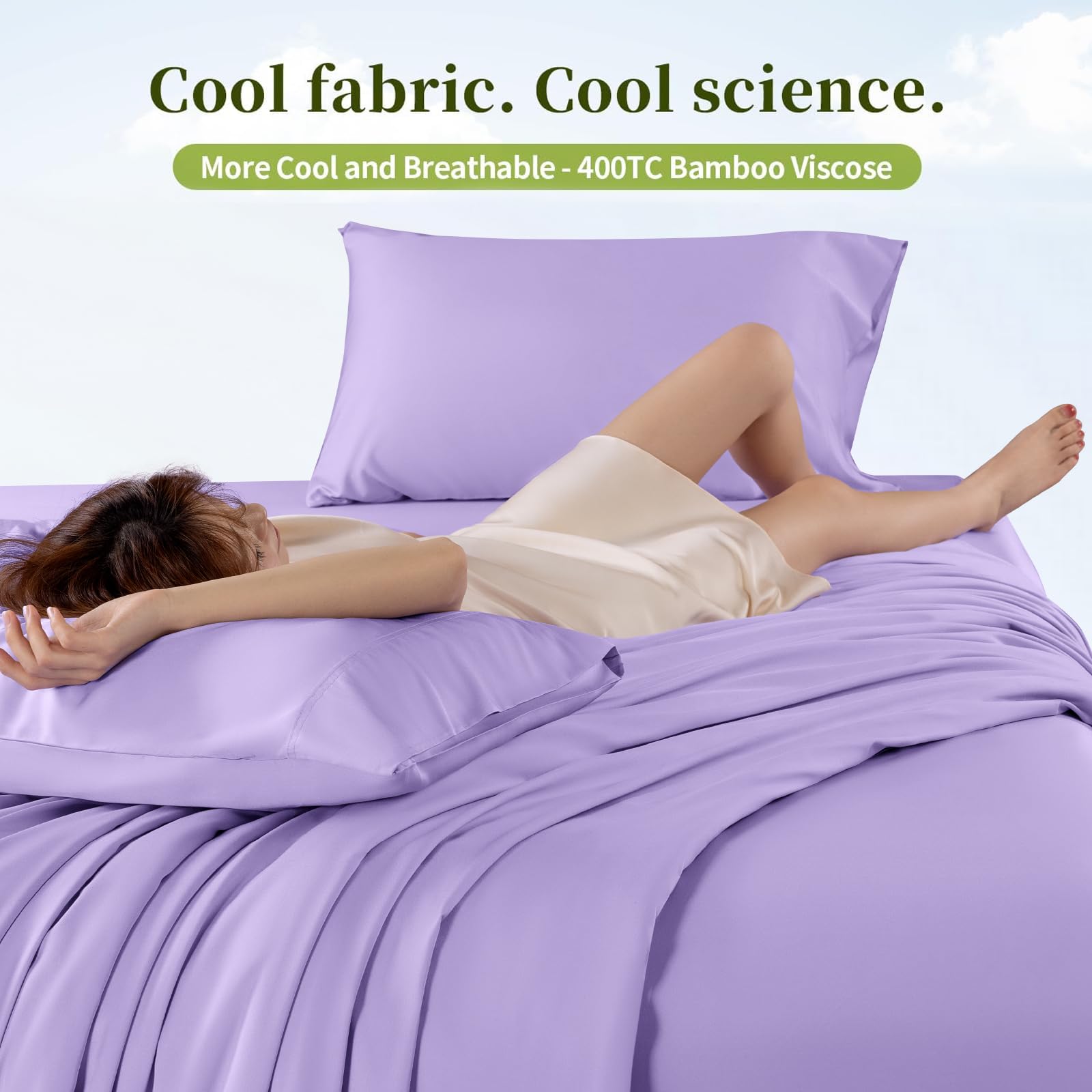 Shilucheng 100% Viscose Derived from Bamboo_ Sheets King Size 4pcs - Ultra Cooling & Silky Soft Bed Sheets, 16" Deep Pocket, Perfect for Hot Sleepers, Hotel Bedding Sheets (French Blue): 11 - Lilac Queen (6 Piece Set)