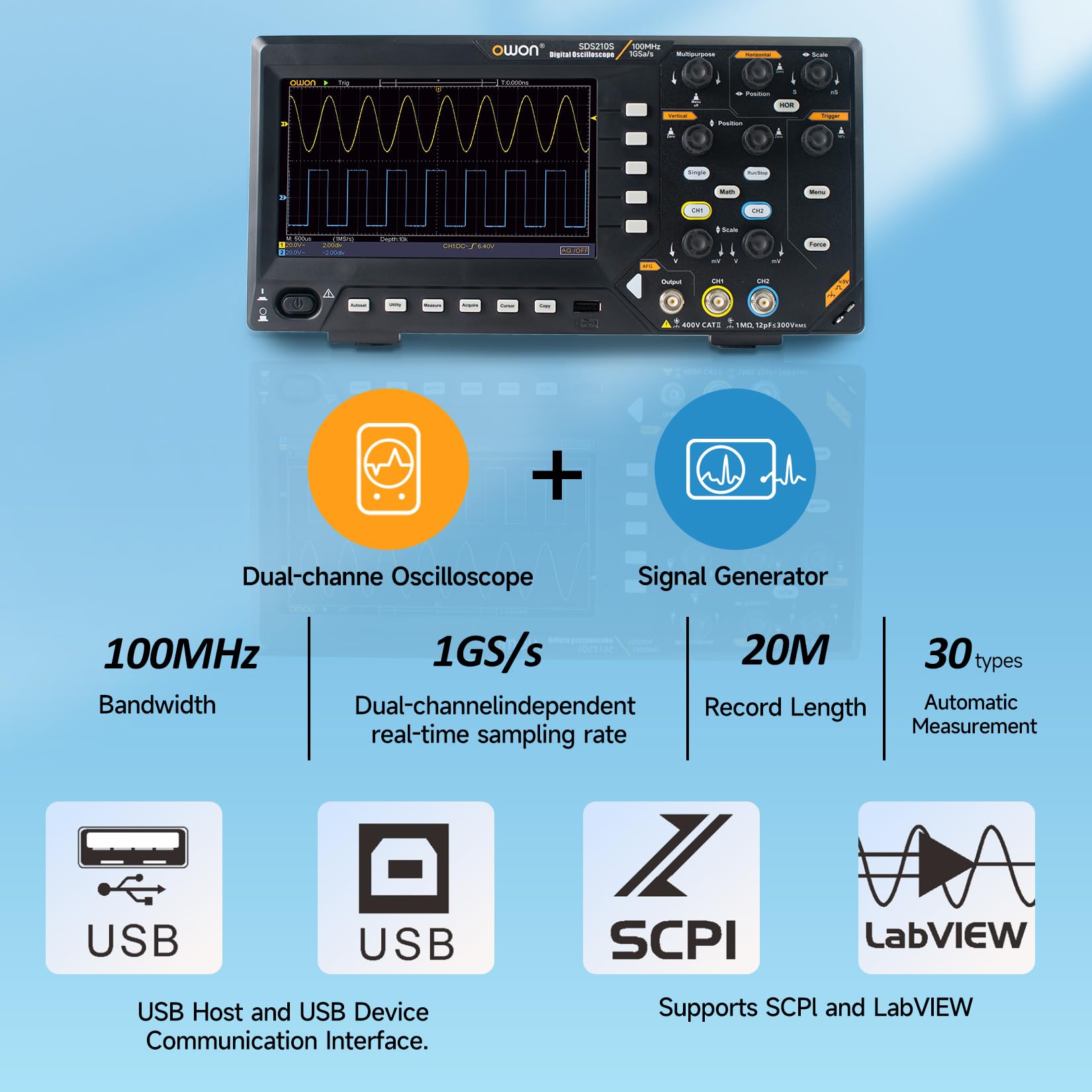 Owon SDS210S 25MHz Arbitrary Waveform Generator 100Mhz, 2CH 1GS/s, 20M Dual-Channel Digital Oszilloskop