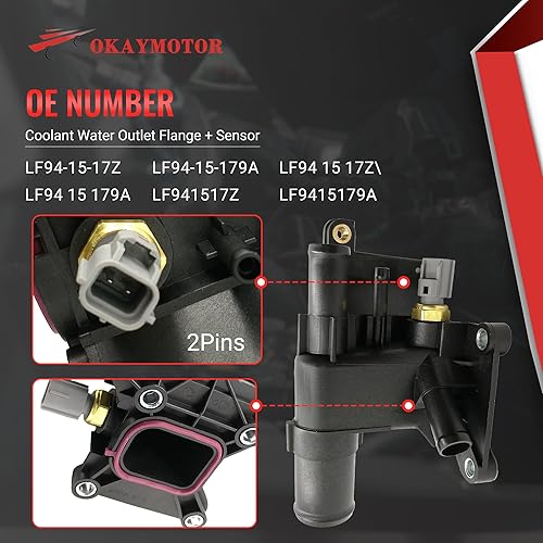 Miniatura 3 de Brida de salida de agua refrigerante + sensor para Mazda 3 5 6 CX-7 2006-2015 2.0L 2.3L 2.5L L4 902-690 LF941517Z LF94-15-17Z LF9415179A LF94-15-179A