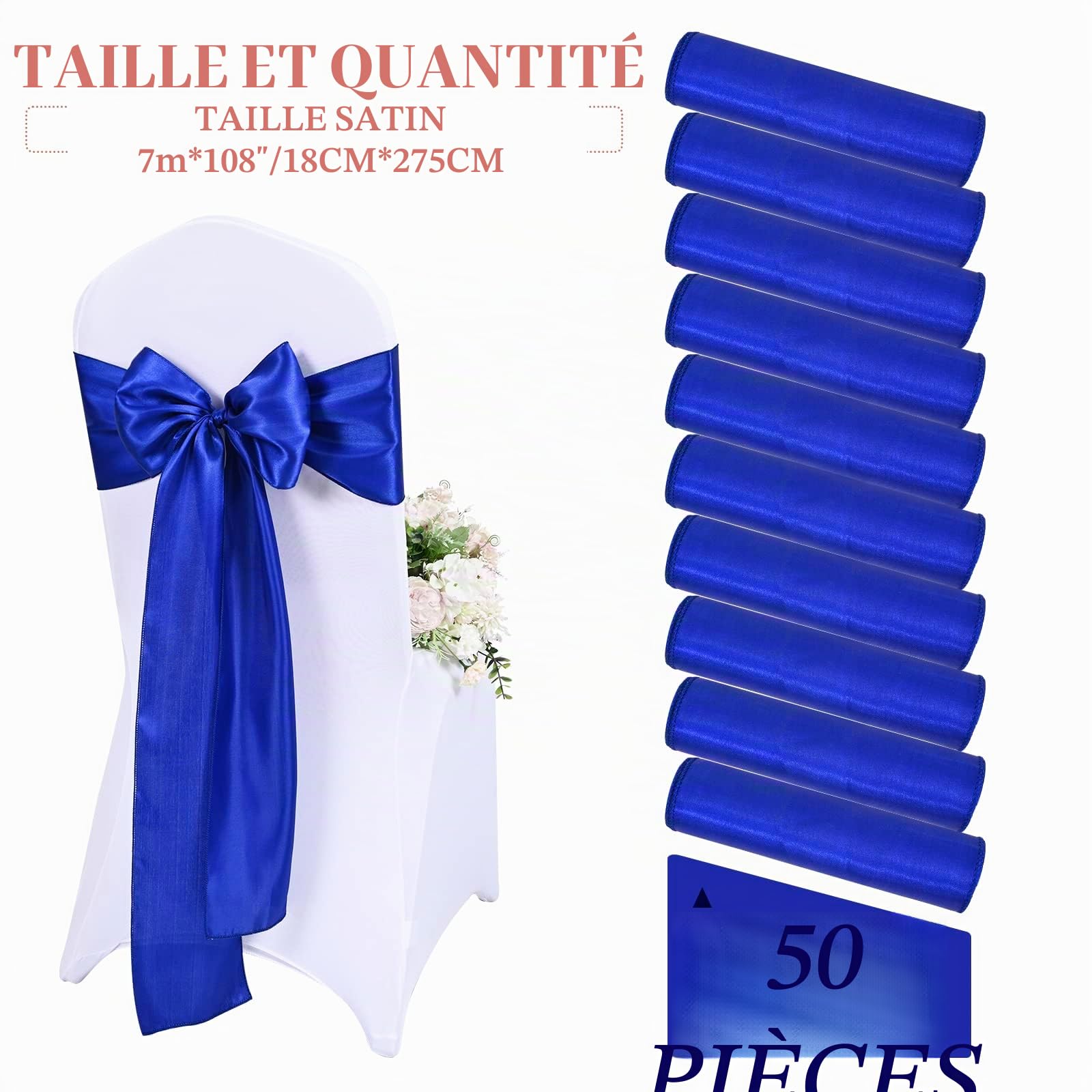 Teruntrue 50 Pièces Écharpes de Chaise en Satin Bleu Royal Chaise Décorative Arc Conçu Housse de Chaise Écharpes de Chaise pour Réception de Mariage Hôtel Maison Décoration de Cuisine (Bleu Royal)