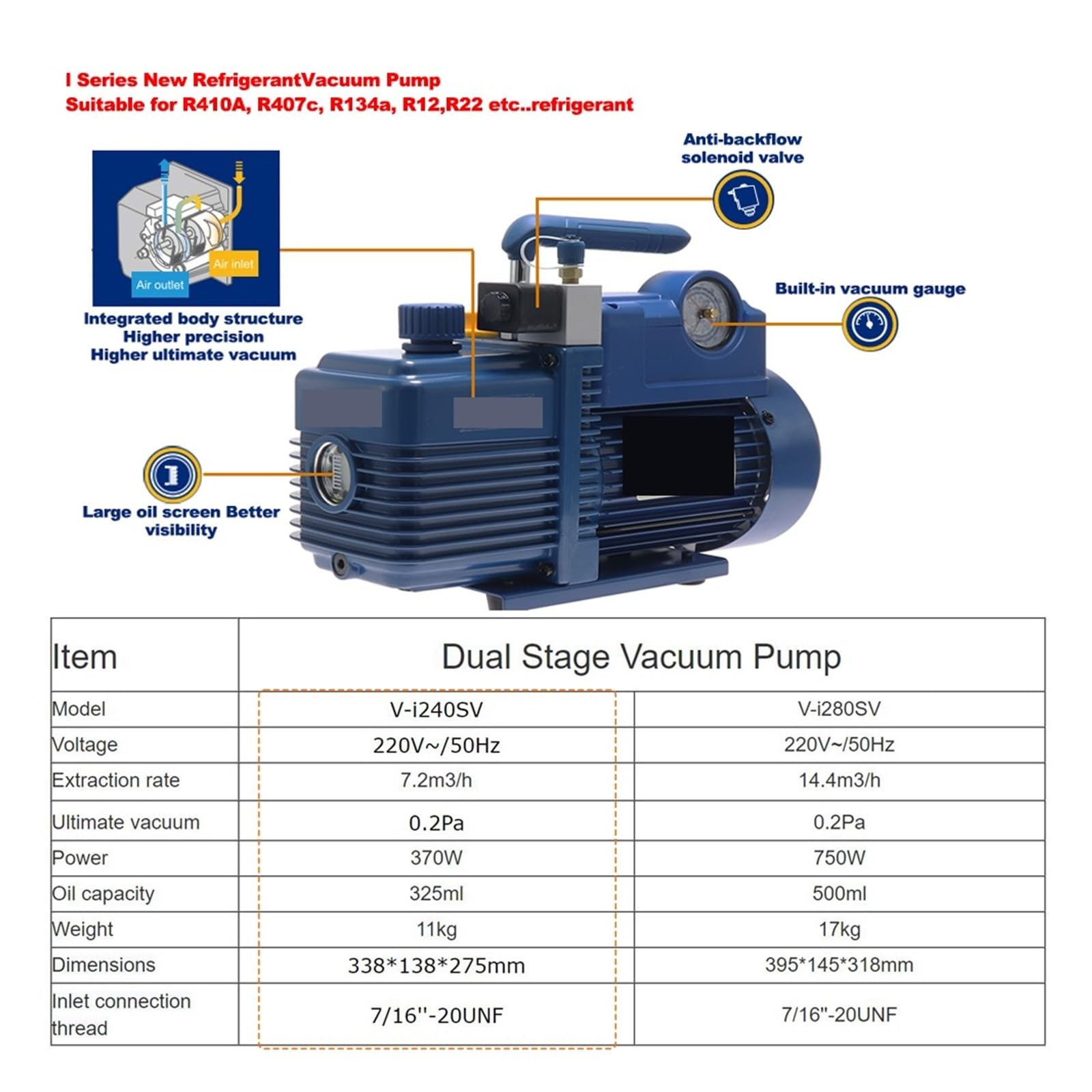 Vakuumpumpe V-i240SV Vakuumpumpe, 2-stufige Kältemittel-Klimaanlagen-Vakuumpumpe for R410A R407c R134a R12 R22 Kältemittel 4CFM
