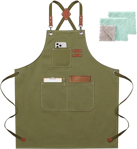 ZOMAO Delantal de chef para mujeres y hombres con bolsillos grandes, lona de algodón, parte trasera cruzada, impermeable, delantales de trabajo para