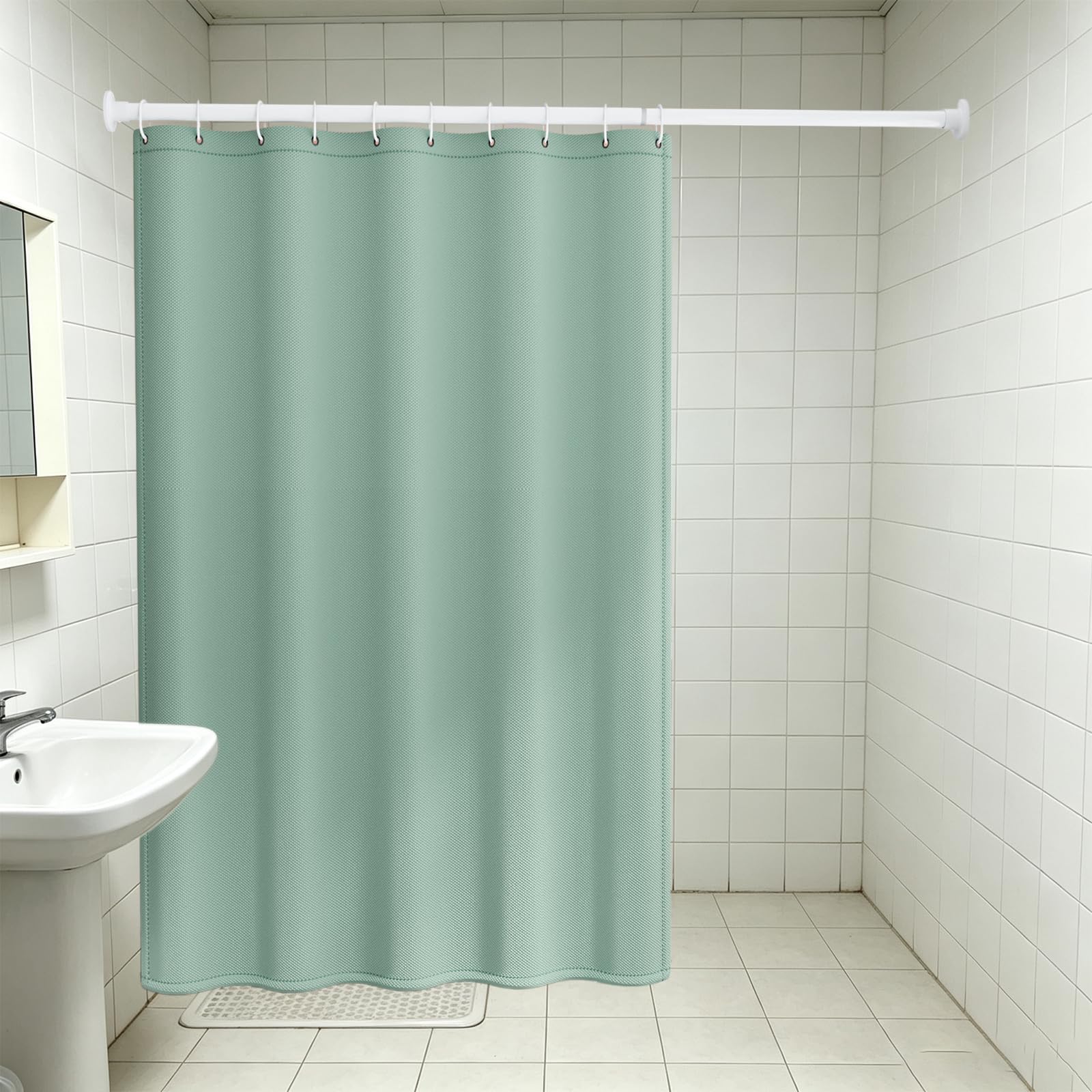 Rideau Douche 240 x 170 cm Rideau de Douche Polyester Petit Tissu Polyester, Anti Moisissure, Imperméable Lavable en Machine, avec Œillets et Crochets, Vert Clair