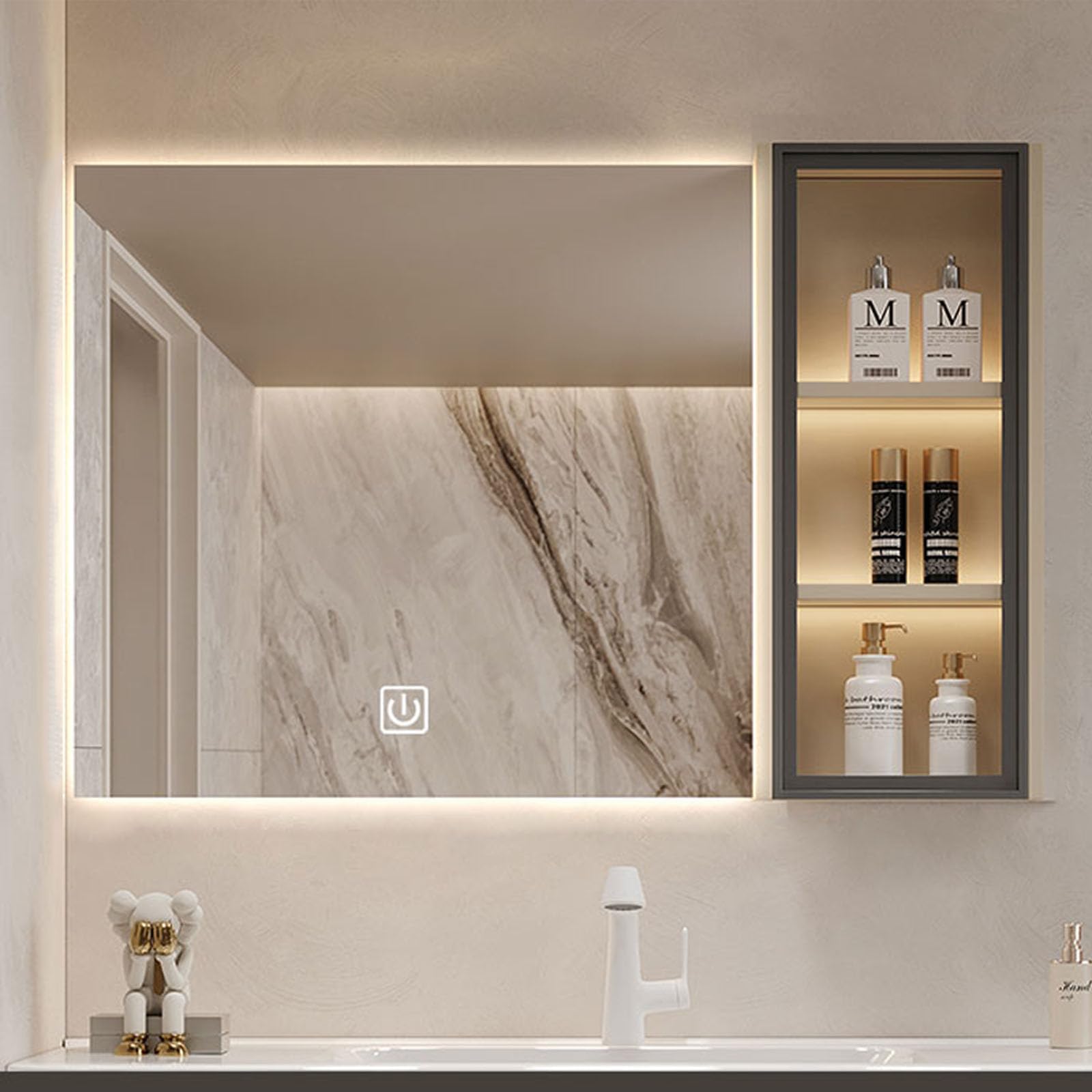 Mirror with medicine cabinet, bathroom mirror with storage,bathroom vanity mirror cabinet Aluminum Mirror Cabinet with Anti-Fog, Stepless Dimmable Light,White 70x65cm Three-color light