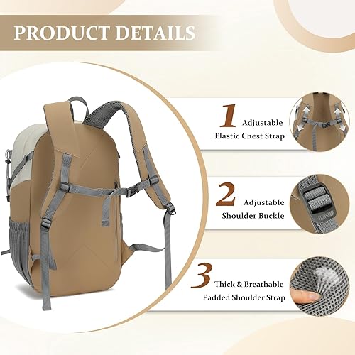 Miniatura 7 de Mochila de senderismo para hombres y mujeres, mochila de viaje ligera de 25 litros para acampar al aire libre, Blanco y marrón, Mochilas Daypack
