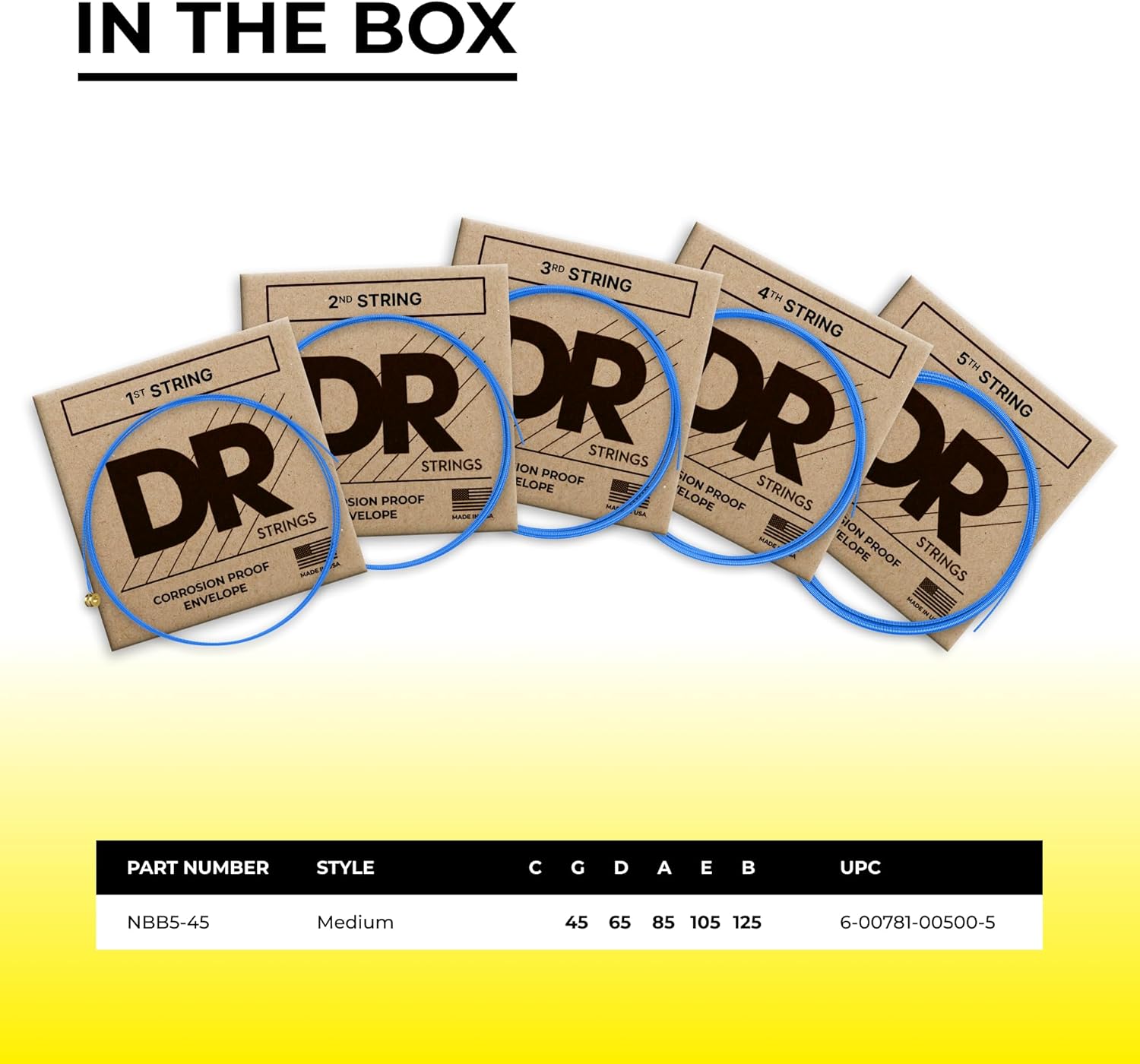 DR Strings NBB5-45 Hi-Def Neon Blue Colored Bass Strings, Medium 5-String, 45-125