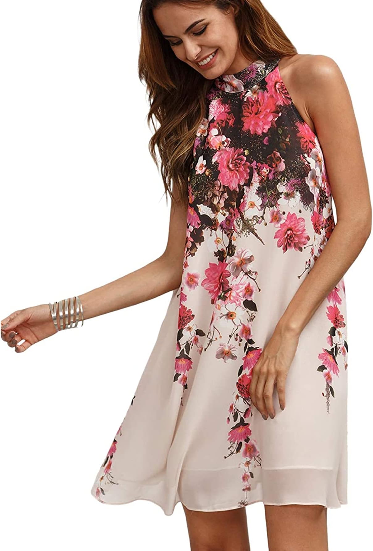 Floerns Women's Summer Floral Print Sleeveless Halter Neck Beach Party Dress