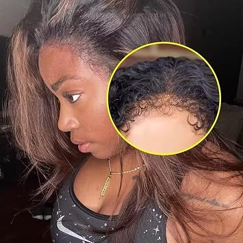 HD Transparent Kinky Edges 360 Lace Frontal Wig Pre Plucked #1B/#30 Ombre Black With Brown Highlight Wig Loose Wave 150% Density Remy Hair Lace Wigs with Curly Baby Hair 26Inch