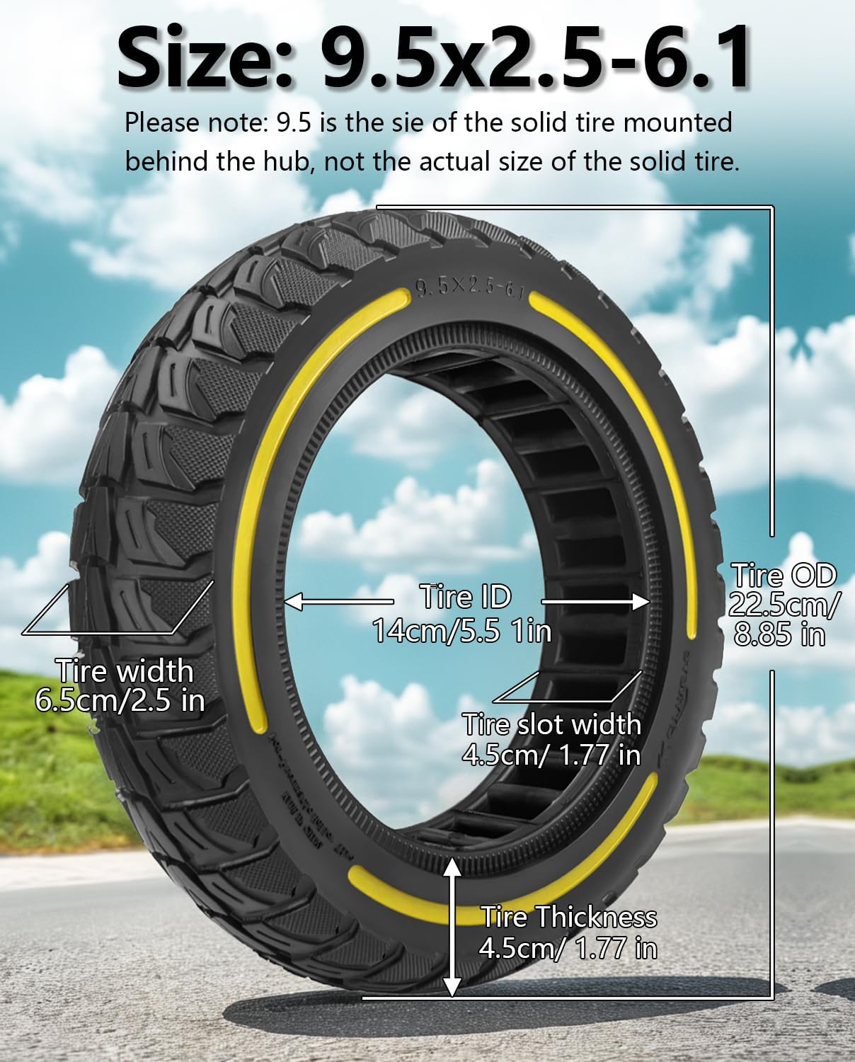 9.5x2.50 Scooter Tire Fit for NIU KQi3 Pro Max Sport Scooter, 9.5x2.5-6.1 Off-road Tubeless Wheel, 9.5" Front Rear Tire, Puncture-Free, Hassle-Free Maintenance, Shockproof (Yellow 1Pc)