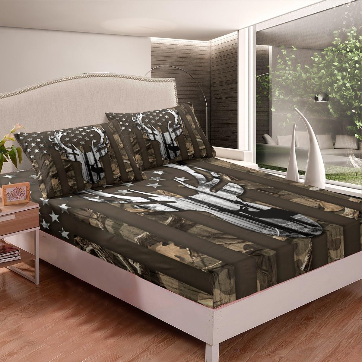 Camouflage USA Flag Fitted Sheet Full Size,Brown Camo Deer Antlers and Trees All-Round Elastic Deep Pocket Bed Cover,American Flag Room Decor Microfiber Mattress Cover, No Flat Sheet