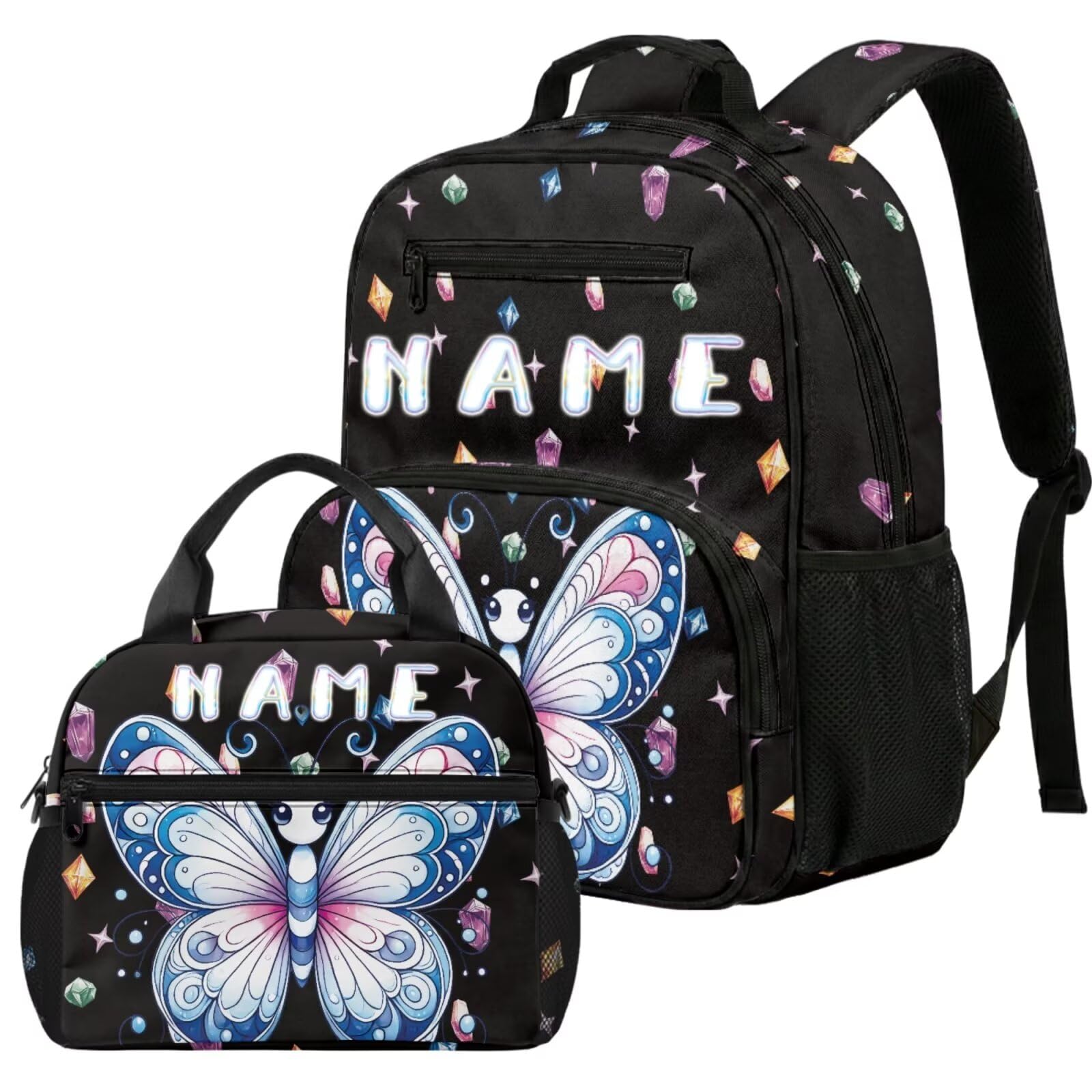 COEQINE Prek - Mochila para niñas con fiambrera, cierre fácil, bolsa de escuela primaria impresa con correas acolchadas, bolsa de pañales transpirable, Mariposa negra gema estrellada, M, Casual