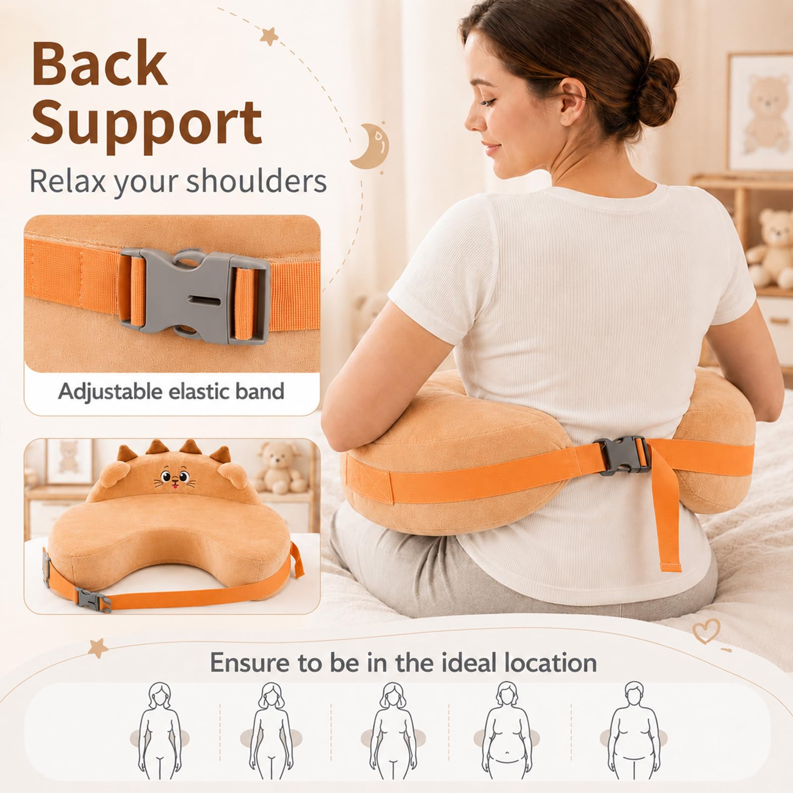 Cojín de lactancia, Almohada de Lactancia con Espuma Viscoelástica 45D, Superficie XXL 58×40cm, Correa Antideslizante Ajustable&Funda 100% Algodón Lavable, Cojín Ergonómico para Recién Nacidos Naranja