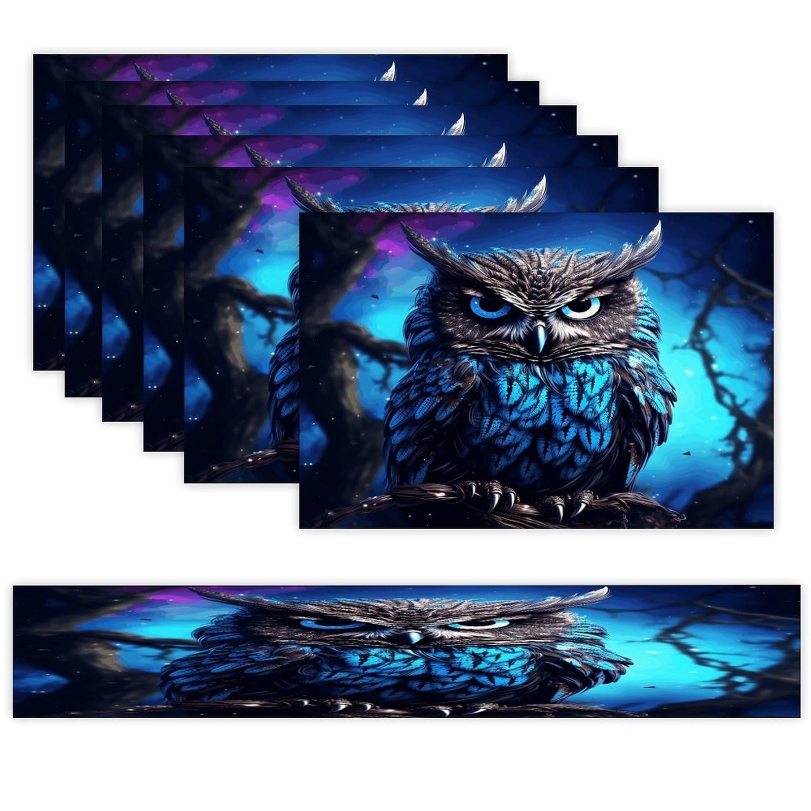 Blue Owl Table Runner and Placemats of 6 Washable Heat Resistant Place Mats with Table Runner Vintage Holiday Table Mat Set for Holiday Party Kitchen Dining Deco