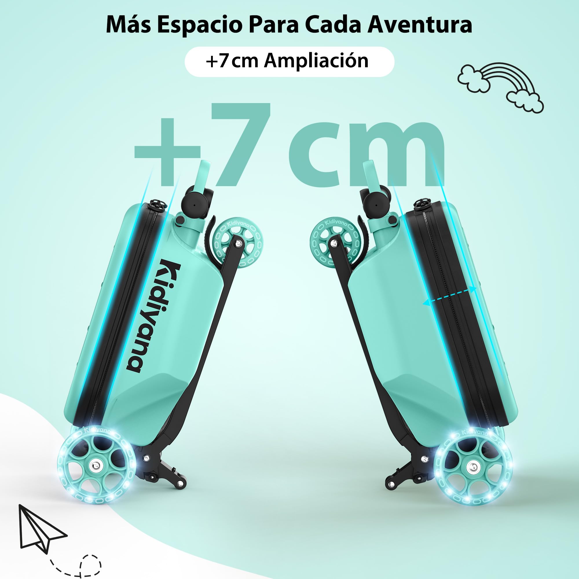 Maleta para patinete, con ruedas LED, manillar ajustable en altura, ventana A5, 7 cm de espacio de almacenamiento, adecuado como equipaje de mano, regalo para niños de 2 a 8 años, color verde
