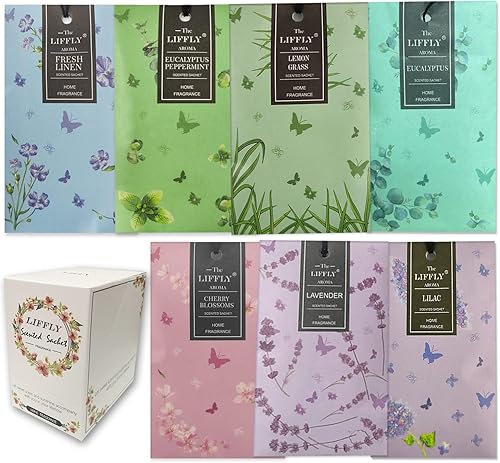LIFFLY Paquete de 14 bolsitas perfumadas para cajones y armarios, flores de cerezo lavanda, lila, lino fresco, eucalipto, menta, citronela,