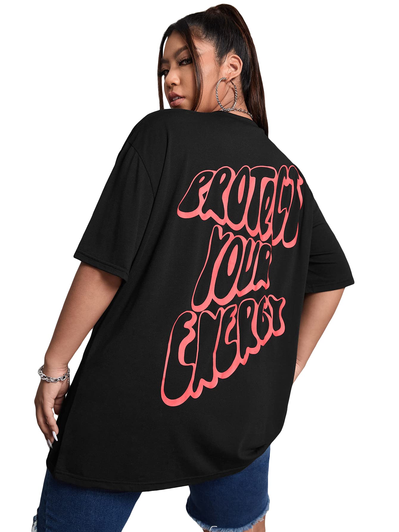 WDIRARAWomen's Plus Size Letter Print Short Sleeve Tee Graphic Round Neck Tops