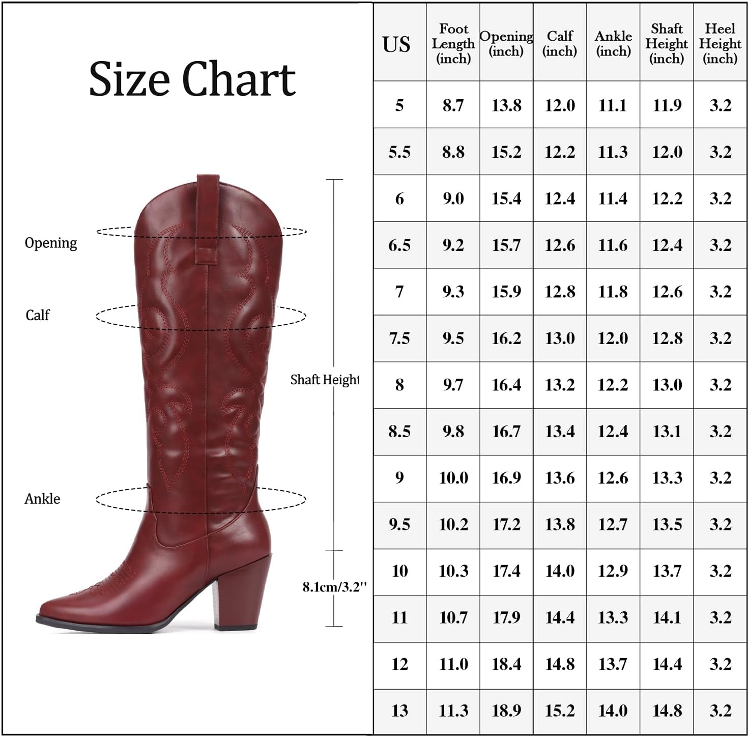 Pasuot Cowboy Boots for Women - Western Knee High Cowgirl Boots with Side Zipper, Retro Pointed Toe Tall Block Heel Pull On Long Boot Fall Winter Concert Burgundy Red Size 12 - Image 6