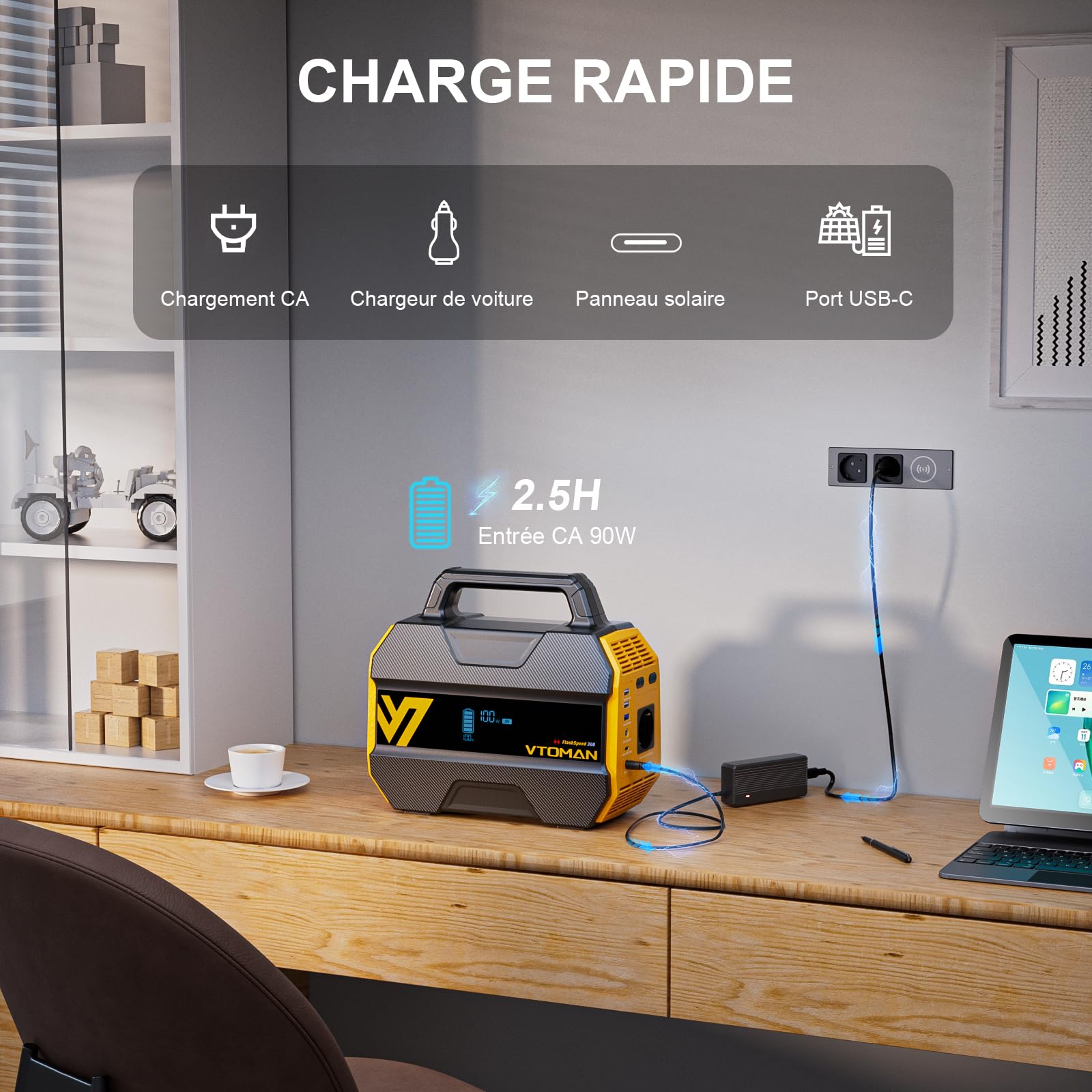 VTOMAN FlashSpeed 300 Station Électrique Portable -110W Panneau Solaire | 230Wh/300W (600W Pic) Camping Générateur, Batterie LiFeP04, 100W USB-C/230V AC Sortie pour Domestique, Pêche