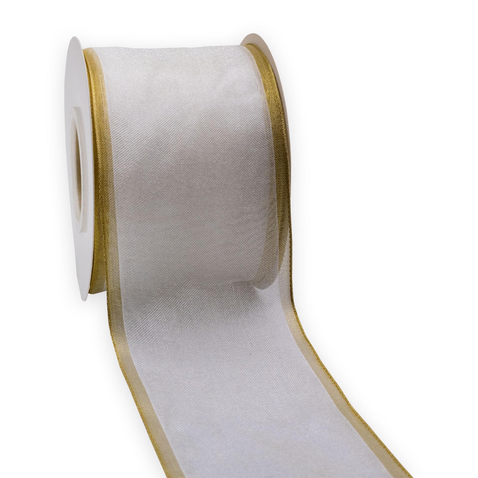 HATIANGE Solid White Organza Gold Lurex Wide Wired Edge Ribbon, 6.3CM Width x 10 Meters for Gift Packaging Wedding Decoration