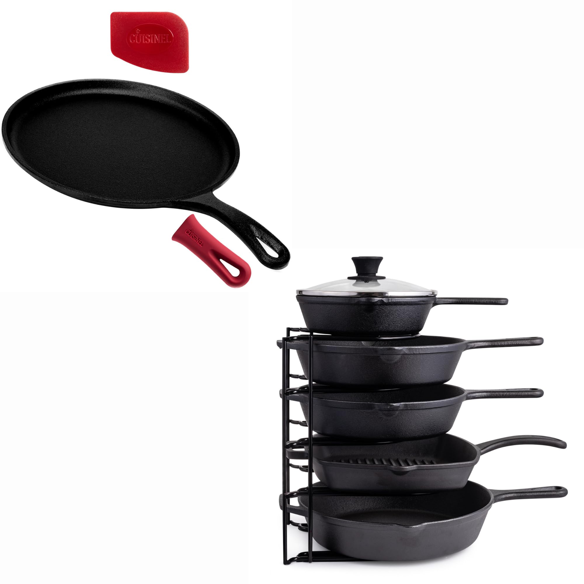 Cuisinel Cast Iron 10.5" Round Flat Skillet + Pan Organizer + Pan Scraper + Silicone Handle Grip - Cast Iron Accessories and Kitchen Storage Organization
