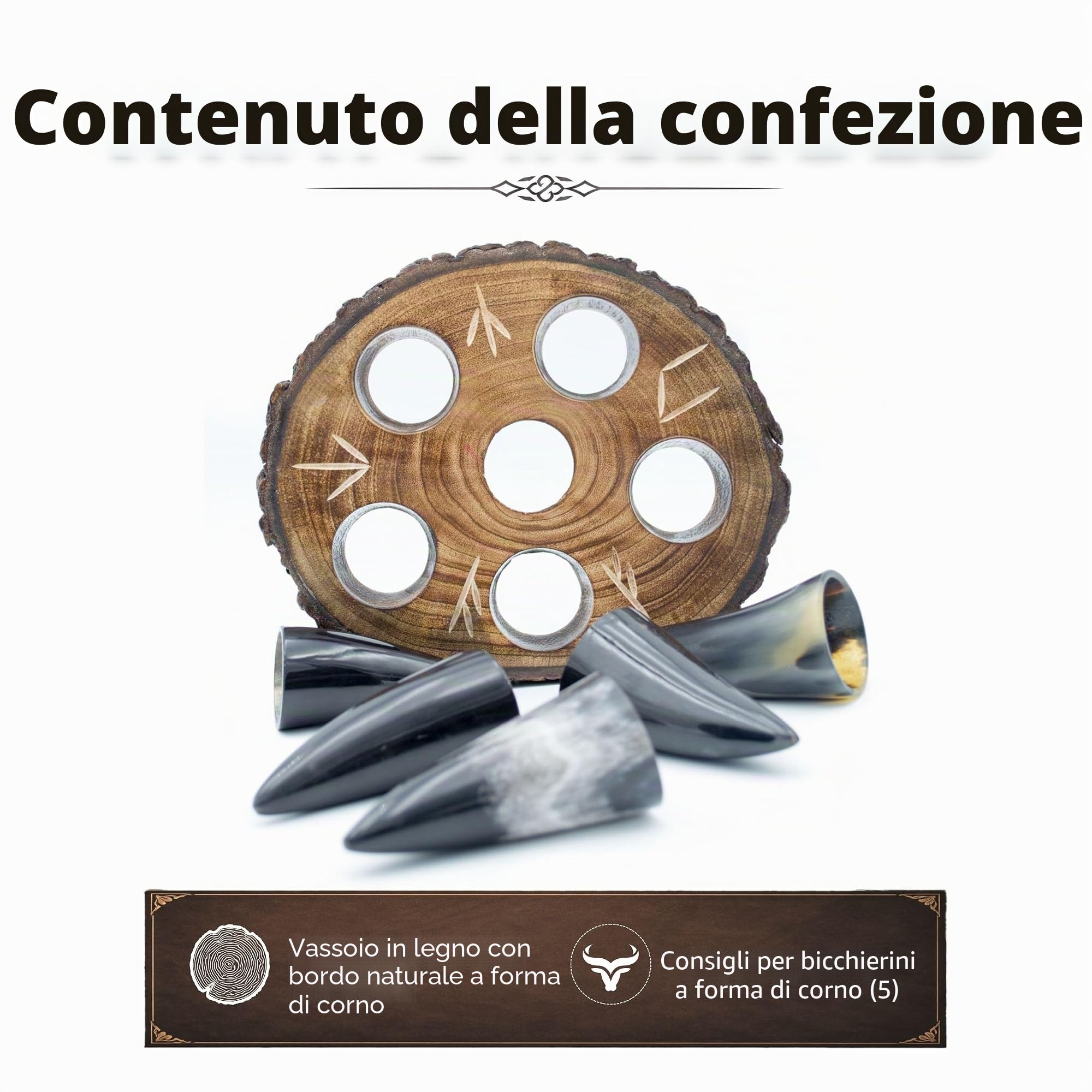 Norse Tradesman Set di Bicchieri da Shot con Corno per Bere (5) con Espositore in Legno Rustico (Live Edge) | Inciso con Rune Norrene | Confezionato in un Sacco Regalo di Juta