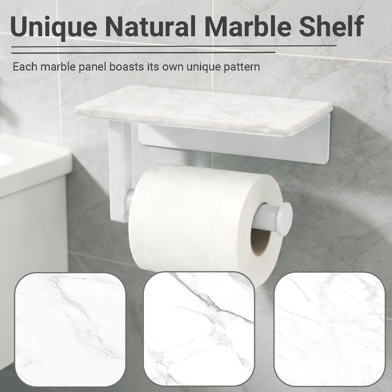 Soporte de papel higiénico con estante de mármol natural, soporte para pañuelos montado en la pared, accesorio de baño moderno y duradero para baño