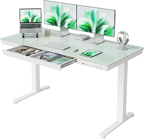 Miniatura 10 de FEZIBO Escritorio eléctrico de pie con cajones de 48 × 24, escritorio de cristal de altura ajustable de una pieza, escritorio de pie ajustable de