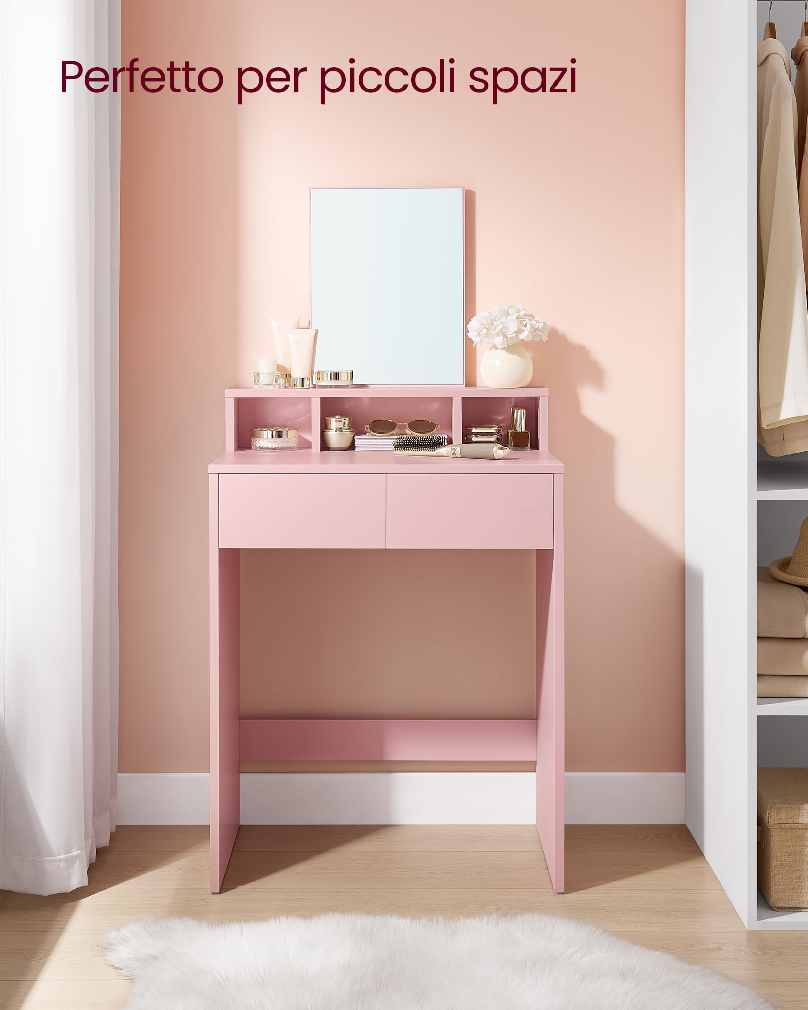 VASAGLE KAILYN Collezione - Toeletta con Specchio Grande, Postazione Trucco con 2 Cassetti e 3 Scomparti, Tavolo da Trucco, Stile Moderno, 40 x 60 x 127 cm, Rosa Pastello RDT103R01