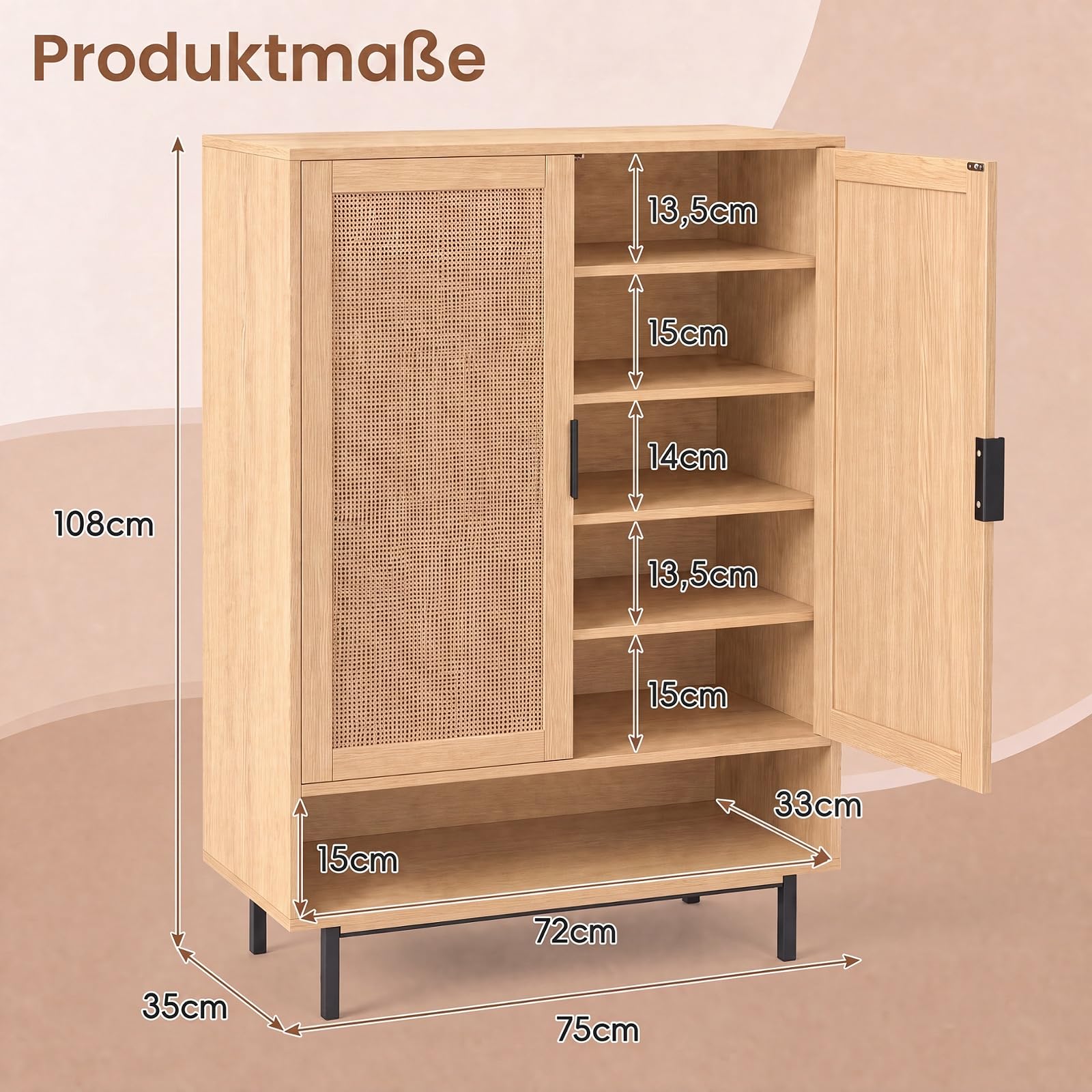 COSTWAY Schuhschrank mit Rattantüren, 75 × 35 × 108 cm, Natur