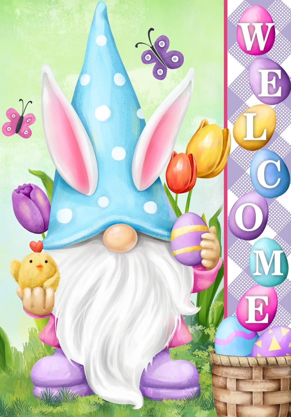 Texupday Welcome Bunny Gnome Easter Eggs Tulips Decoration Easter Spring Holiday Garden Flag Outdoor Yard Flag 12" x 18"