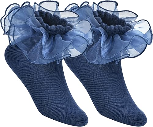 Miniatura 5 de Yepami Calcetines para niñas y niños pequeños, lindos calcetines grandes de encaje de doble capa con volantes para niñas pequeñas, 2 pares