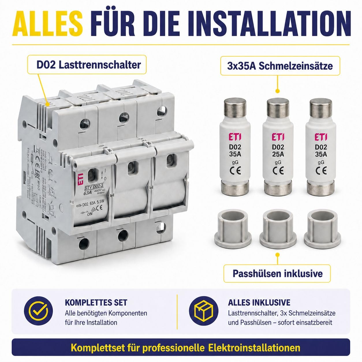 grenda-hammer® | Neozed Lasttrennschalter Set D02-3-polig Set mit Sicherungen und Passhülsen (Lasttrenner Set 3x35 Ampère)