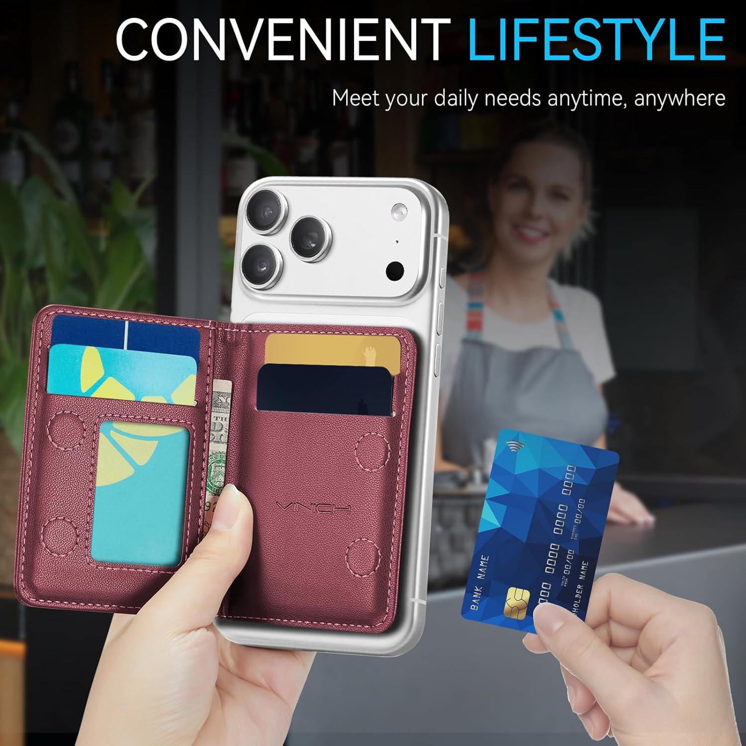 Vinich for Magsafe Wallet Magnetic RFID Blocking Card Holder Compatible with MagSafe Phones and Cases, Strong Magnet Minimalist Phone Wallet for iPhone 17/16/15/14/13/12/Pro/Max/Plus, Wine Red